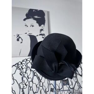 Fedora Vintage Black Wool Felt Cloche Hat Bow Feather Doeskin Felt USA Made